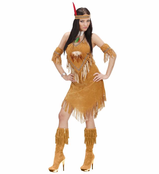Indianerinnen-Kleid mit Wildleder-Optik, Armbändern und Stirnband mit Federn