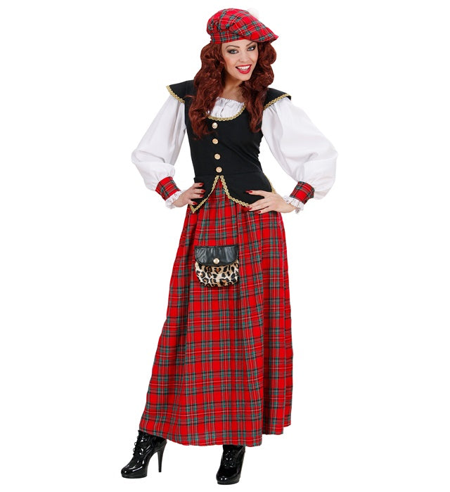 Schottisches Damenkostüm mit kariertem Kleid und Hut für Fasnacht