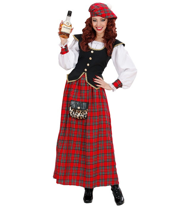 Schottisches Damenkostüm mit kariertem Kleid und Hut für Fasnacht