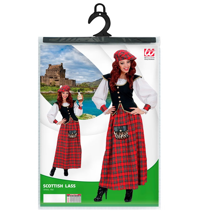 Schottisches Damenkostüm mit kariertem Kleid und Hut für Fasnacht