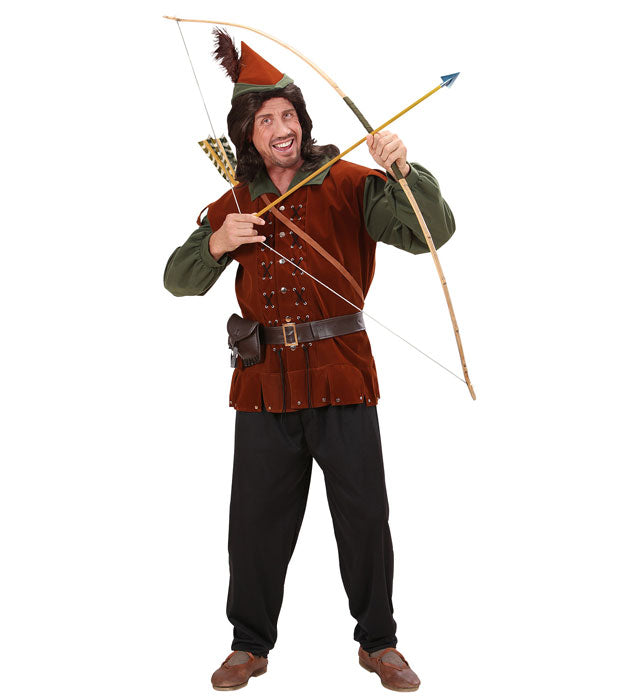 Robin Hood Fasnachtskostüm mit grünem Kasack, Hose, Gürtel und Hut