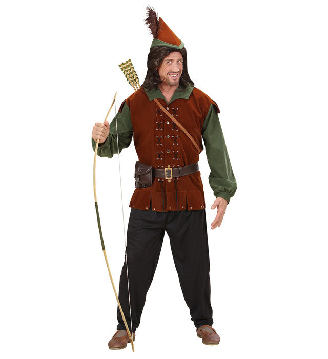 Robin Hood Fasnachtskostüm mit grünem Kasack, Hose, Gürtel und Hut