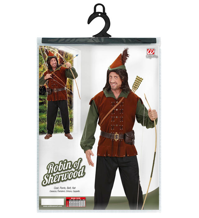 Robin Hood Fasnachtskostüm mit grünem Kasack, Hose, Gürtel und Hut