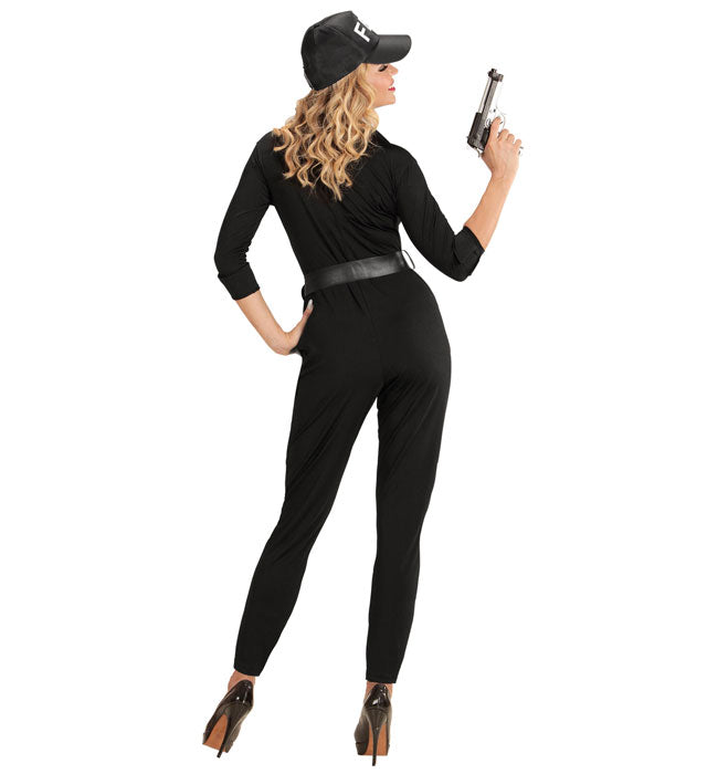 FBI Agentin Kostüm mit schwarzem Overall, Gürtel und Kappe für Fasnacht