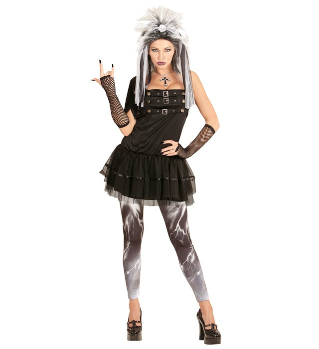 Gothische Punkerin Kostüm mit Kleid, Leggings, Kopfschmuck und Handschuhen