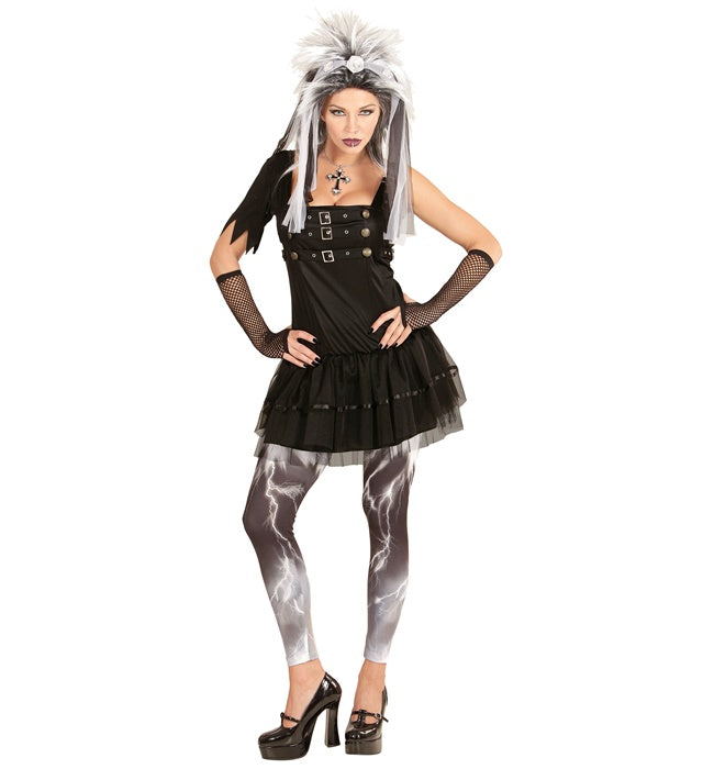 Gothische Punkerin Kostüm mit Kleid, Leggings, Kopfschmuck und Handschuhen