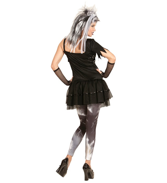 Gothische Punkerin Kostüm mit Kleid, Leggings, Kopfschmuck und Handschuhen