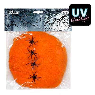Boland Halloween-Dekoration Spinnennetz Halloween-Deko 60 g orange mit 4 schwarzen Spinnen
