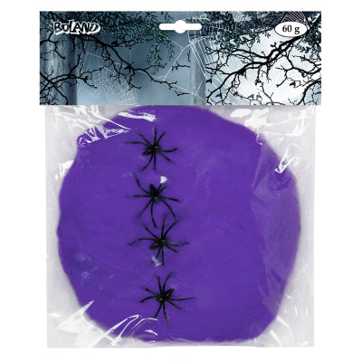 Boland UV-reaktives lila Spinnennetz 60 g mit 4 Spinnen – Halloween-Dekoration