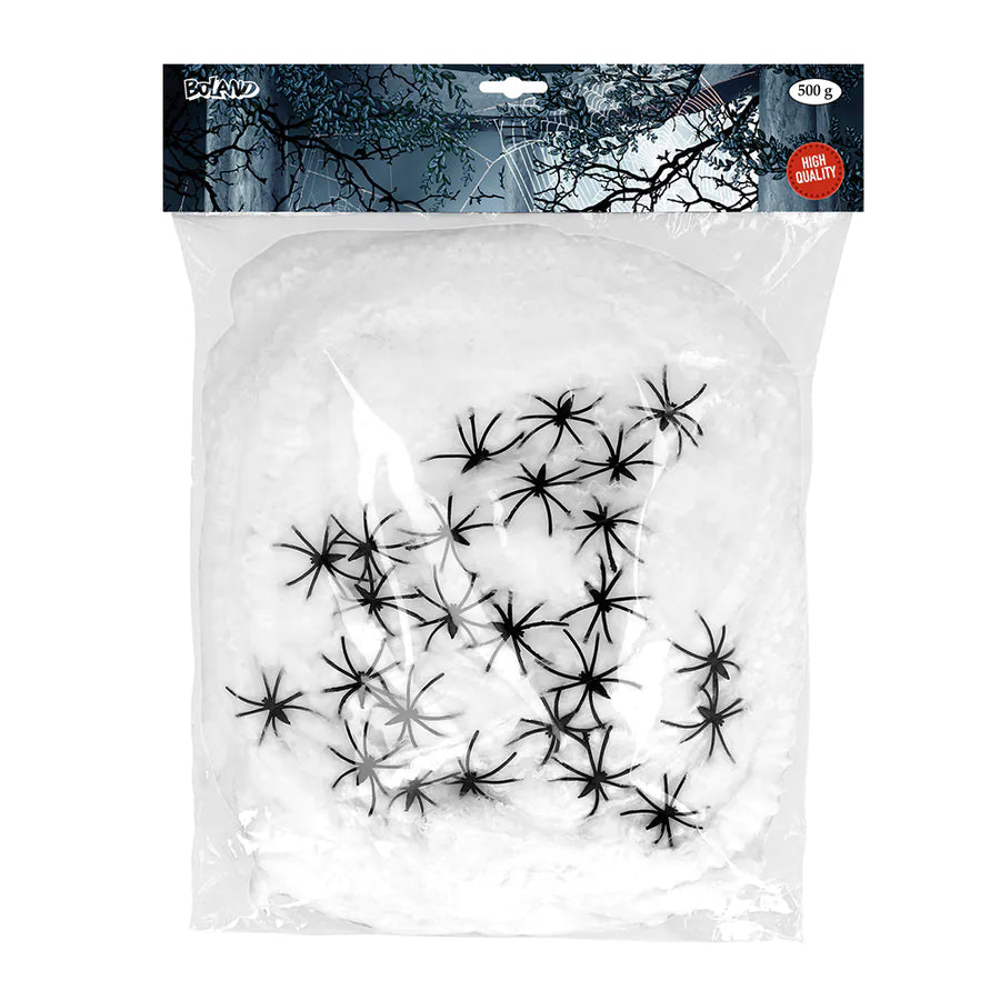 Boland Spinngewebe weiss 500 g mit 25 schwarzen Spinnen Halloween-Dekoration – Produktansicht