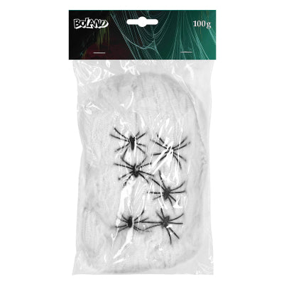 Boland Spinnennetz-Dekoration Weisses Spinnennetz mit 6 Spinnen 100 g Spinnenseide Dekoration