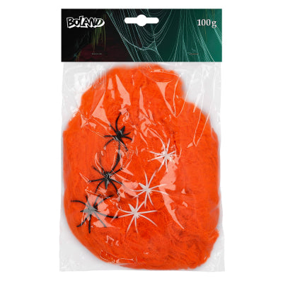 Boland Dekoration Halloween Neonorange-Spinngewebe 100 g mit 6 Spinnen