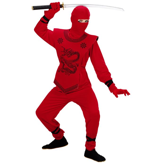 Rotes Ninja-Kostüm mit Maske, Brustschutz, Oberteil und Hose auf weissem Hintergrund