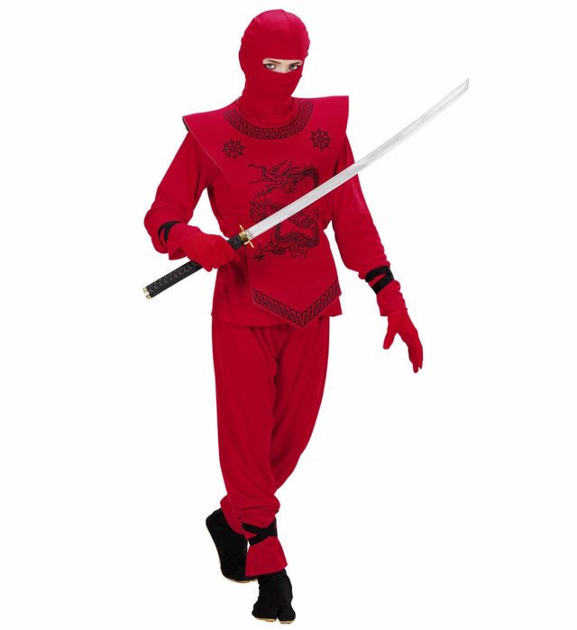 Rotes Ninja-Kostüm mit Maske, Brustschutz, Oberteil und Hose auf weissem Hintergrund