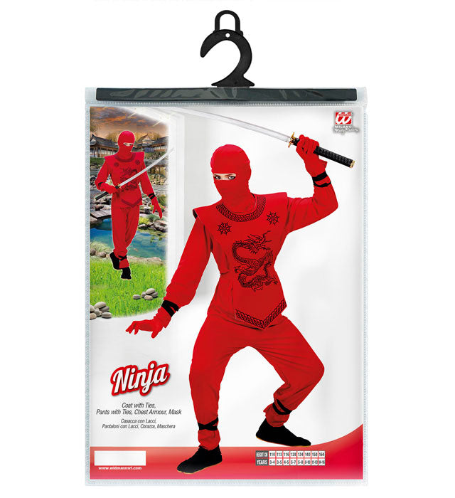 Rotes Ninja-Kostüm mit Maske, Brustschutz, Oberteil und Hose auf weissem Hintergrund