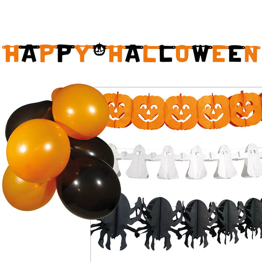 Halloween-Dekorationsset mit Buchstabengirlande, Papiergirlanden und bunten Luftballons