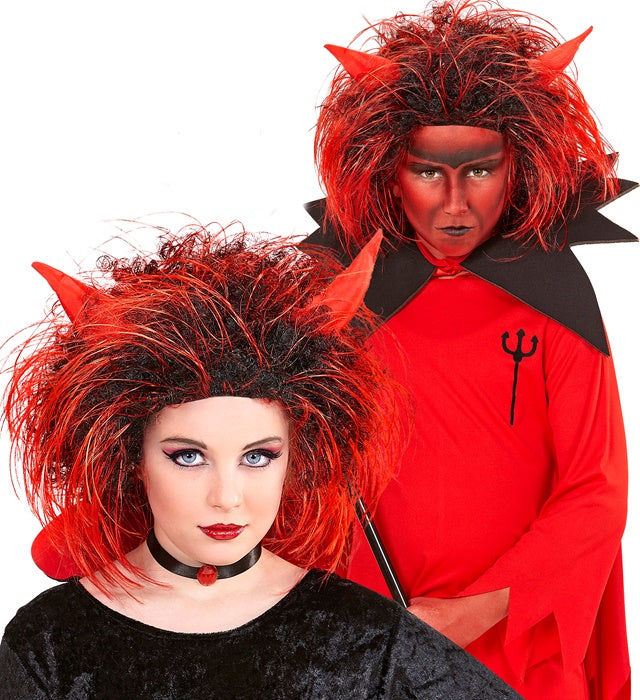 Rote Teufels-Perücke mit Hörnern für Fasnacht und Halloween