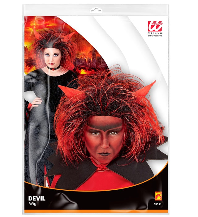 Rote Teufels-Perücke mit Hörnern für Fasnacht und Halloween