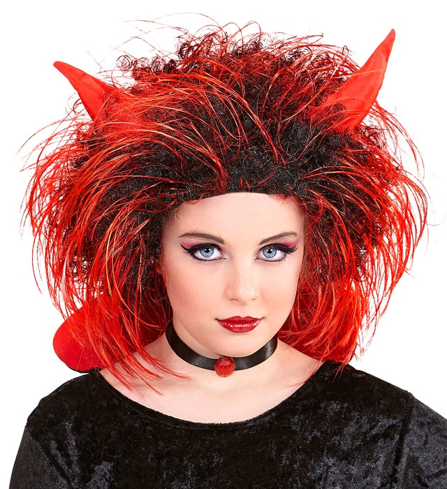 Rote Teufels-Perücke mit Hörnern für Fasnacht und Halloween