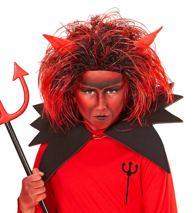 Rote Teufels-Perücke mit Hörnern für Fasnacht und Halloween
