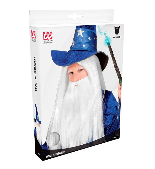Zauberer-Perücke mit Bart in einer Verpackungsbox