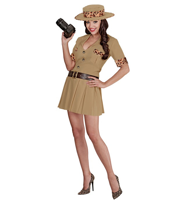 Safari Damen Kostüm mit Kleid, Gürtel und Hut für Fasnacht