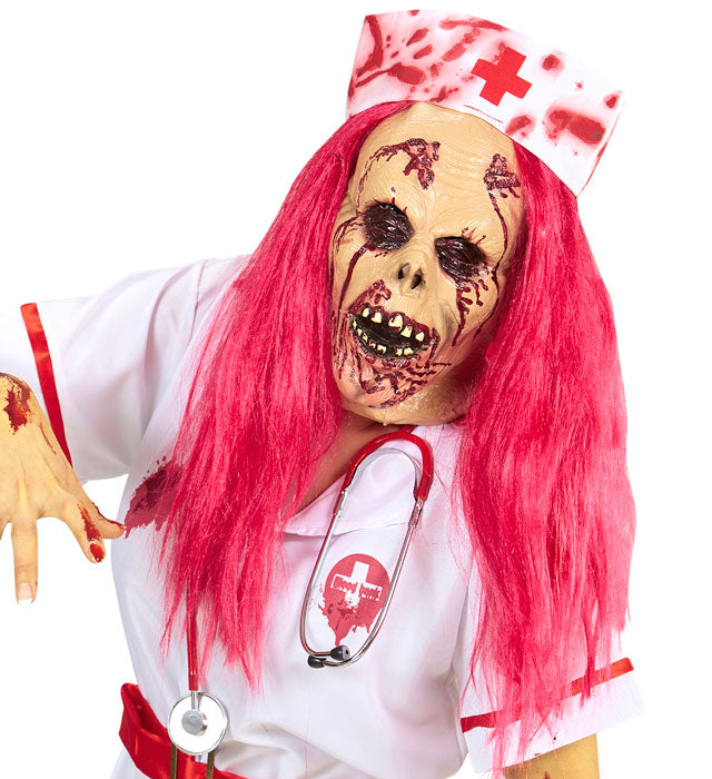 Halbmaske Zombiekrankenschwester mit Perücke und Haube für Halloween Kostüm