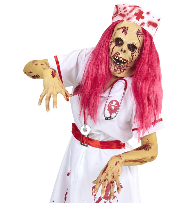 Halbmaske Zombiekrankenschwester mit Perücke und Haube für Halloween Kostüm