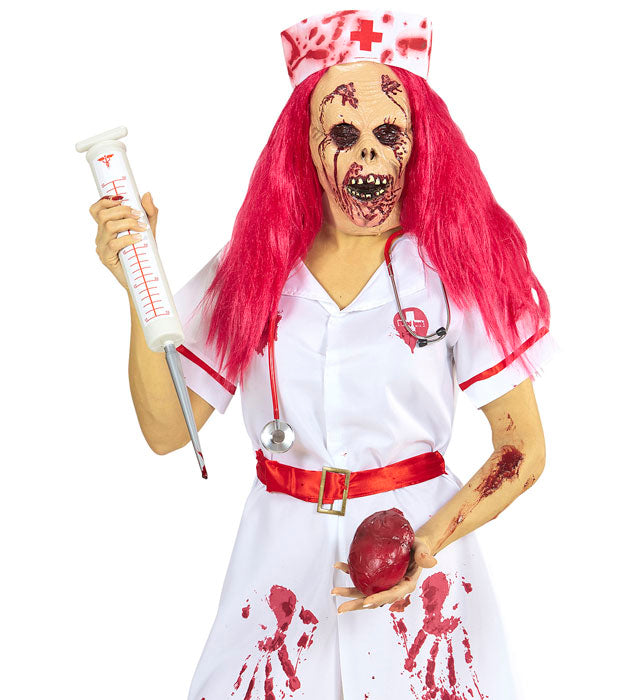Halbmaske Zombiekrankenschwester mit Perücke und Haube für Halloween Kostüm