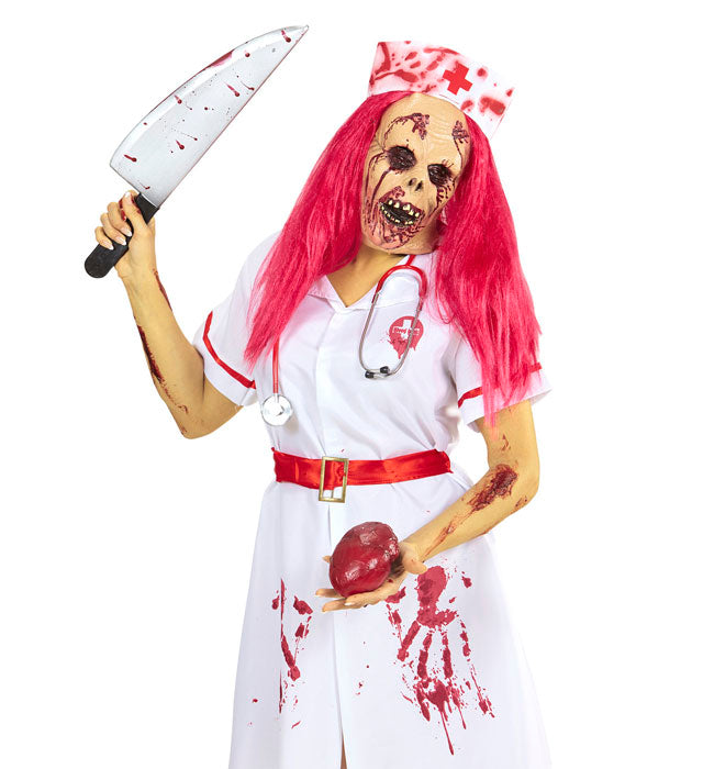 Halbmaske Zombiekrankenschwester mit Perücke und Haube für Halloween Kostüm