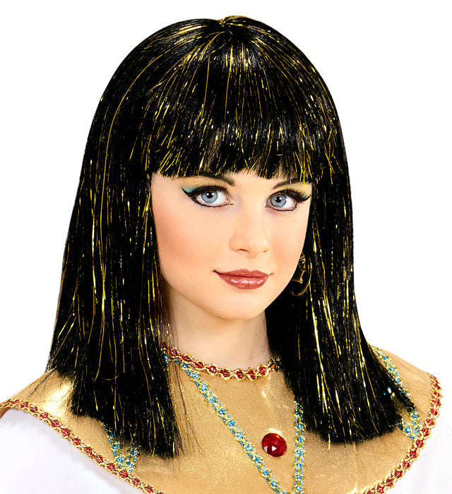 Cleopatra Perücke mit goldfarbenem Lametta für Fasnacht und Karneval