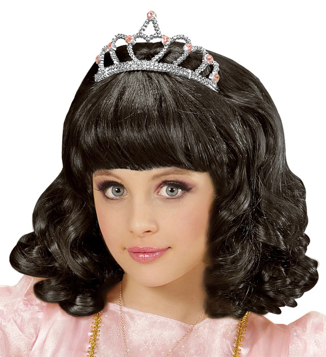 Schwarze Prinzessinnen-Perücke mit funkelnder Tiara in Box