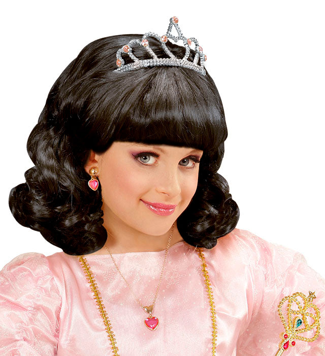 Schwarze Prinzessinnen-Perücke mit funkelnder Tiara in Box