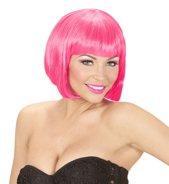 Neonpink Perücke Valentina auf hellem Hintergrund, geeignet für Fasnacht und Karneval