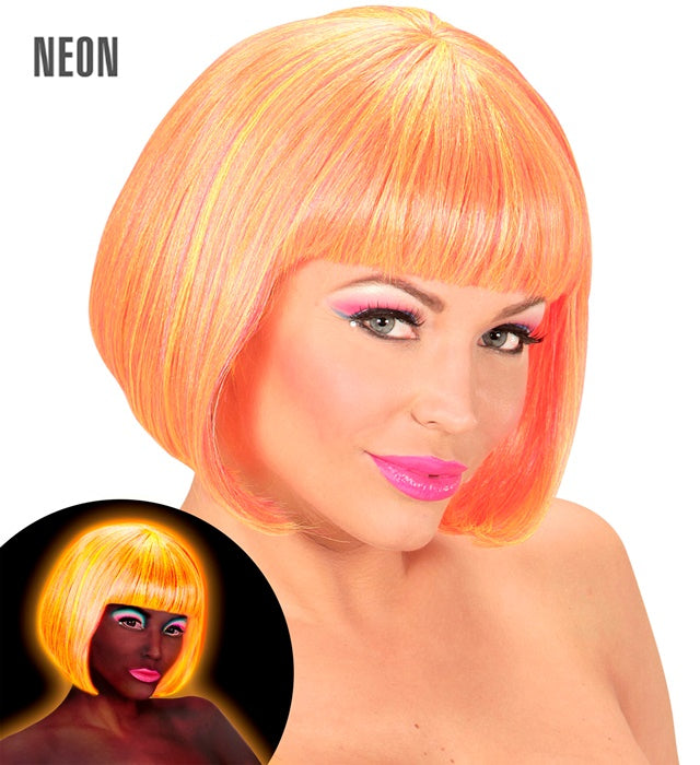 Perücke Valentina in leuchtendem Neonpink und Neongelb auf weissem Hintergrund
