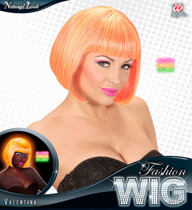 Perücke Valentina in leuchtendem Neonpink und Neongelb auf weissem Hintergrund