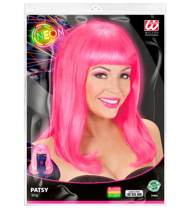 Neonpink leuchtende Perücke Patsy auf weißem Hintergrund