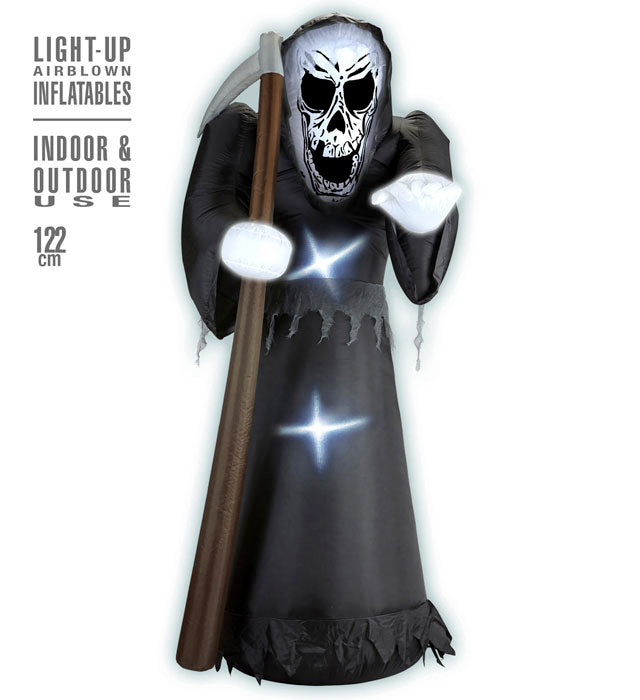 Leuchtender aufblasbarer Sensemann, 122 cm, Halloween-Dekoration mit integriertem Gebläse