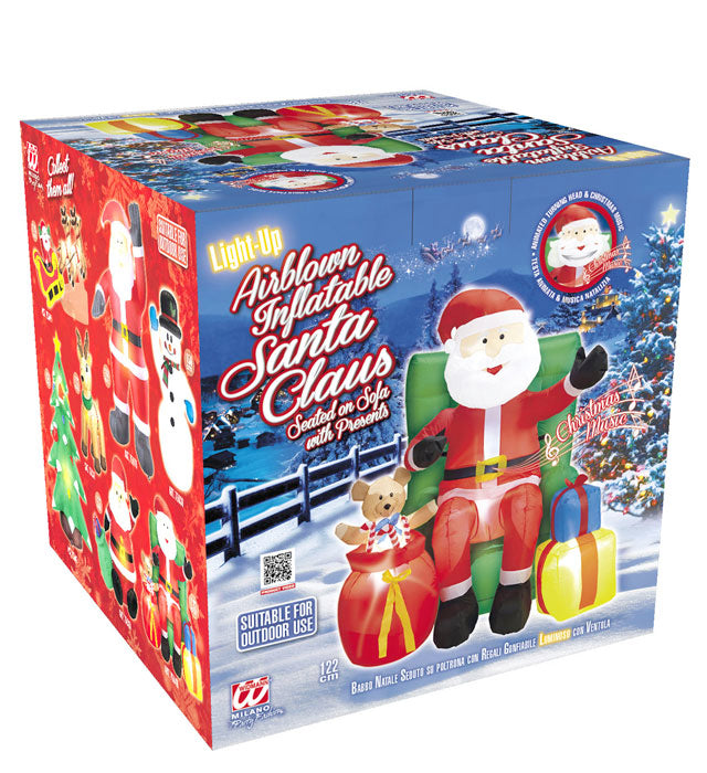 Aufblasbarer leuchtender Weihnachtsmann mit animiertem Kopf sitzt auf Sessel und hält Geschenke