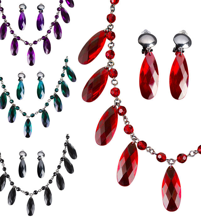 Gotisches Schmuckset mit Kette und Ohrringen in Rot, Schwarz, Lila und Grün