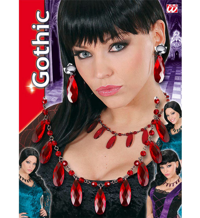 Gotisches Schmuckset mit Kette und Ohrringen in Rot, Schwarz, Lila und Grün