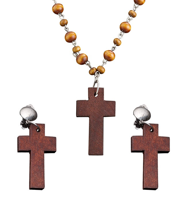 Set aus Rosenkranz und Ohrringen mit Holz-Kreuz als Fasnacht Accessoire