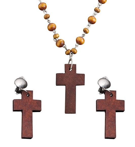 Set aus Rosenkranz und Ohrringen mit Holz-Kreuz als Fasnacht Accessoire