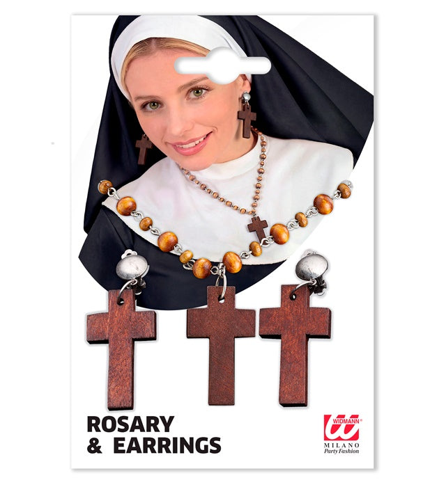 Set aus Rosenkranz und Ohrringen mit Holz-Kreuz als Fasnacht Accessoire