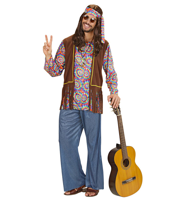 Psychedelic Hippie Kostüm-Set mit buntem Hemd, Weste, Hose, Stirnband und Kette