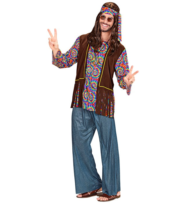 Psychedelic Hippie Kostüm-Set mit buntem Hemd, Weste, Hose, Stirnband und Kette