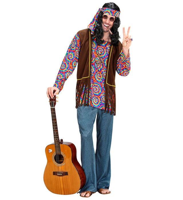 Psychedelic Hippie Kostüm-Set mit buntem Hemd, Weste, Hose, Stirnband und Kette