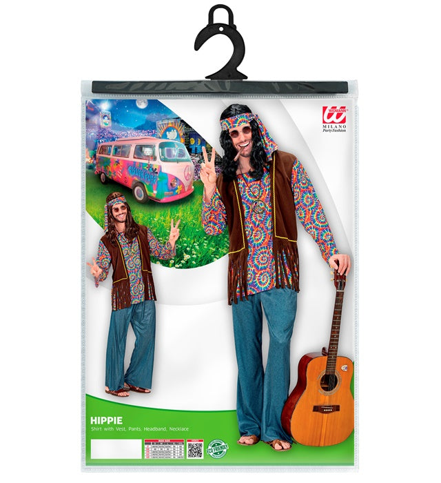 Psychedelic Hippie Kostüm-Set mit buntem Hemd, Weste, Hose, Stirnband und Kette