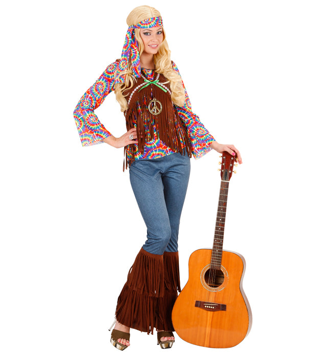 Psychedelic Hippie Damenkostüm mit buntem Shirt, Weste, Hose und Stirnband