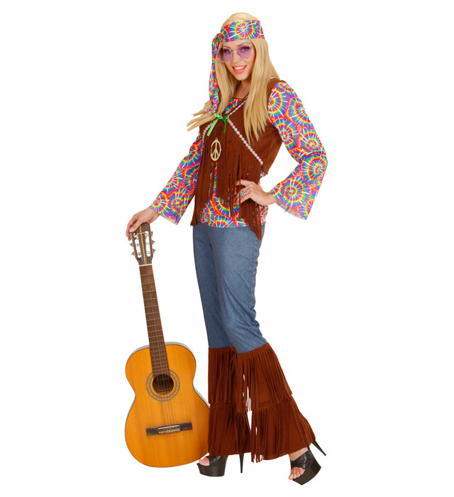 Psychedelic Hippie Damenkostüm mit buntem Shirt, Weste, Hose und Stirnband